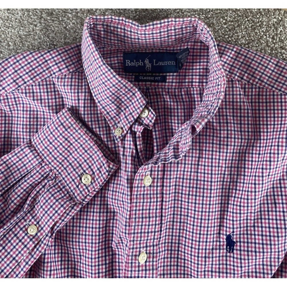 Polo Ralph Lauren Pink/Blue Plaid Gingham Shirt 15.5-34/35 Mens M Cotton Pony